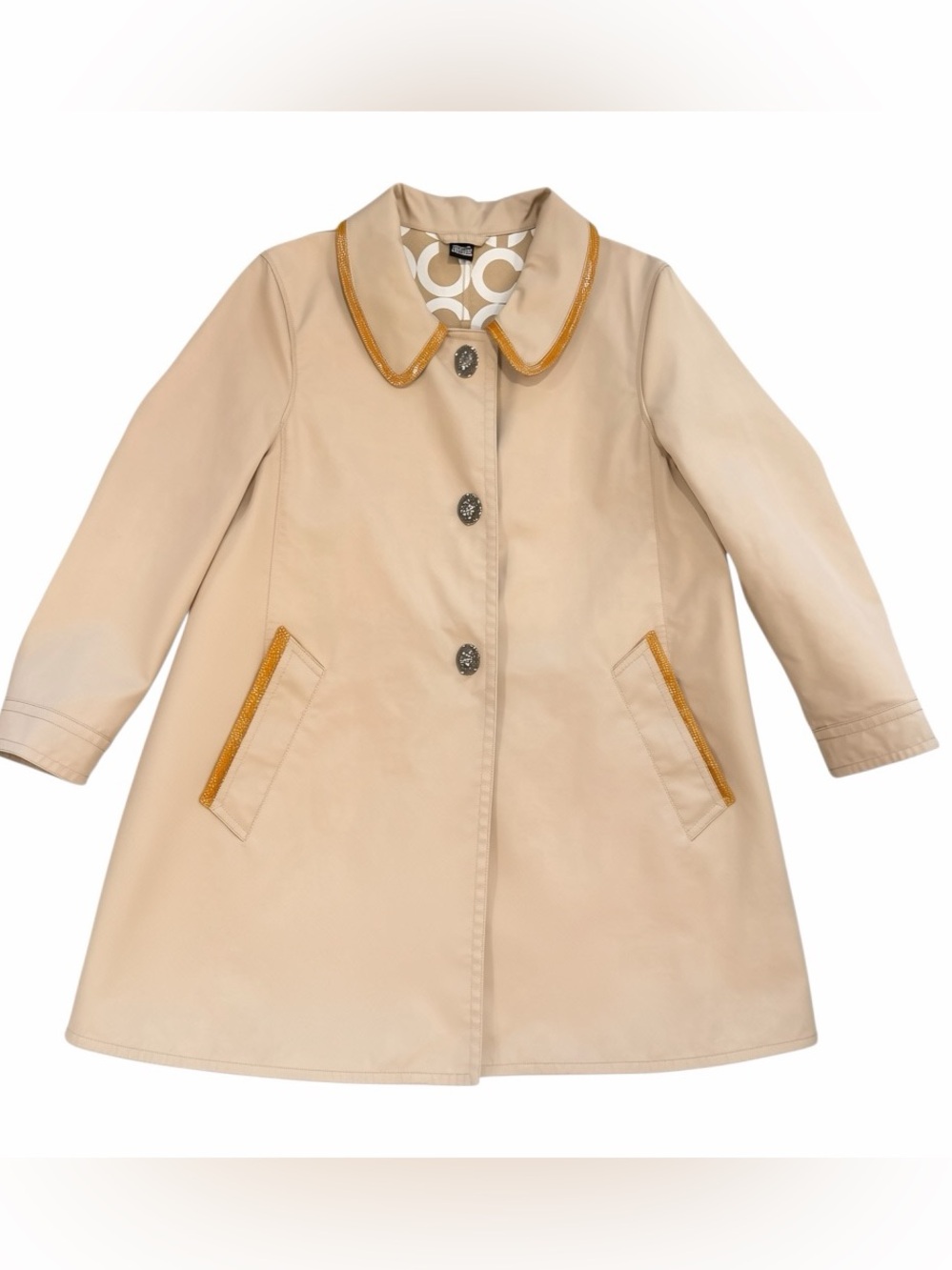Coach Vintage Beige Trench Coat with Signature Logo Lining & Gold Trim Size 10